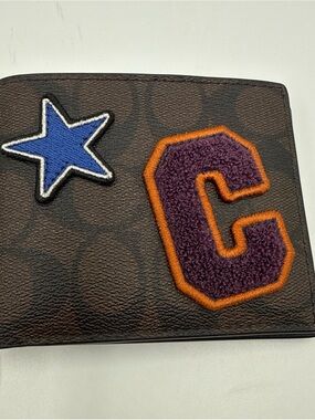 Coach Men's Brown Signature Wallet with Blue Star & Purple 'C' Patch
